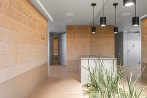 Modern bathroom with two sinks, a toilet, and a tiled wall and floor, suggesting a clean and modern appearance