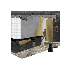 Modern bar area with a black countertop, two stools, and two chairs, designed for comfort and functionality