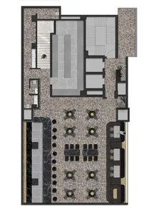 Elegant dining space with stone flooring, multiple tables, and chairs, designed for events or gatherings
