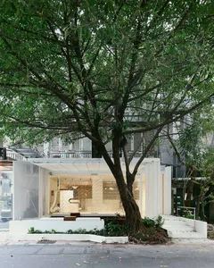 Open living area with a kitchen and dining space, two chairs, a sink, and a tree outside the window, bathed in natural light