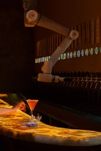 A woman sits at a bar with a martini, surrounded by bottles and a relaxed atmosphere