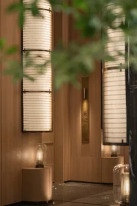 Warm and cozy living space with wooden walls, ceiling, and ample lighting from lamps and smaller lights, featuring a potted plant and decorative vase