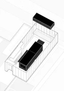 A modern pool area with a black box structure and a glass wall, set within a white building