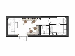 Open living area with a dining table surrounded by chairs, a couch in the background, and several chairs placed throughout the space