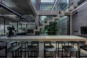Bright and inviting open concept kitchen and dining area with a large island, potted plants, and ample seating