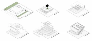 Architectural drawings showing building layout, dimensions, and features with linework, labels, and symbols