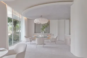Modern open plan dining area with a glass table surrounded by chairs, a potted plant, and a modern atmosphere