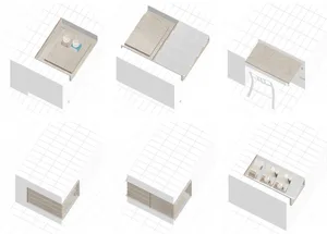 A minimalist wooden table in six different settings, showcasing its design and functionality