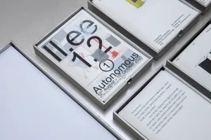 A table display of three main books and two smaller books, arranged in an organized and visually appealing manner