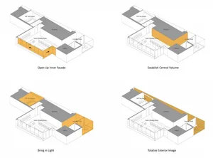 Well-lit office space with chairs and dining tables, natural light from windows, and multiple views of the layout