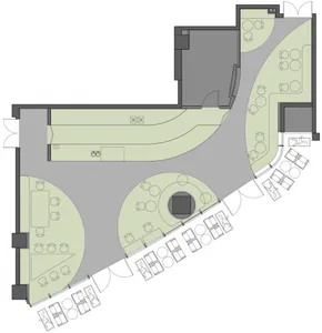 2D floor plan of a restaurant with multiple tables, chairs, and cups, indicating a dining area with ample seating options