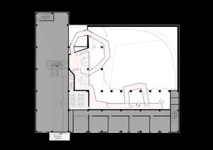 Empty room with a black background and concrete walls, possibly a floor plan with linework and labels