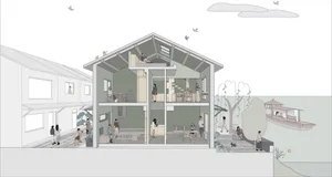A modern open living space with multiple seating areas, dining tables, and natural light from windows