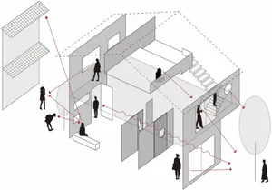 現代客廳空間的建築渲染圖，具混凝土牆面與地板，包含各式房間與走廊，有人穿梭其中