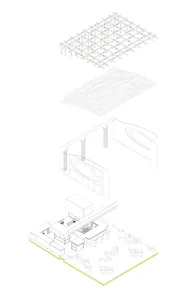 A modern architectural drawing of a white building with a large dome and smaller circles scattered throughout its interior