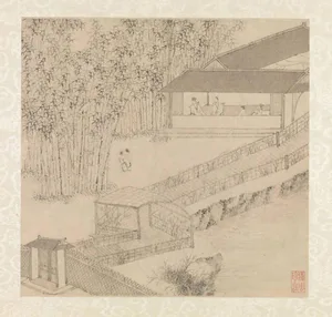 Serene Asian-style building with a wooden structure, thatched roof, and a covered bridge over water, surrounded by people in a peaceful atmosphere