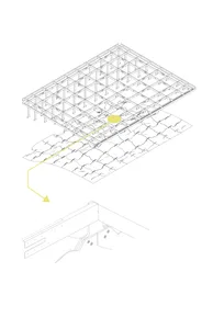 2D floor plan of a modern office space with a central yellow dot, clean lines, and minimalistic design elements