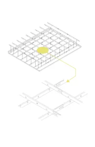 A minimalist architectural drawing of an open space with a yellow circle in the center, featuring textual information and a functional style