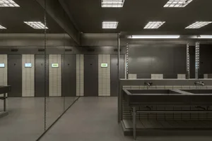 Modern bathroom with two sinks, a countertop, and a cabinet, featuring a large mirror on one wall
