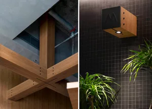 A wooden ceiling design with a plant in front, lit from above