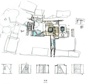 2D architectural drawing of a modern house with labeled rooms, doors, and windows, featuring clean lines and minimalistic design elements