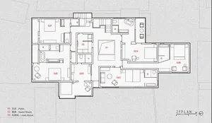 2D floor plan of a modern house with white walls, minimal decoration, and clean lines