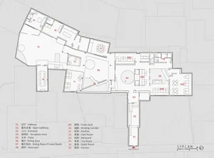Detailed modern hotel floor plan with dining area, tea room, kitchen, and private bathroom, featuring measurements and labels