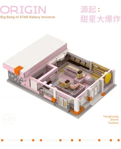 溫暖親切的粉色外觀麵包店，包含用餐區、廚房與儲藏空間，配備多座烤箱、冰箱與水槽