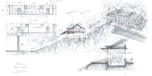 2D floor plan of a hillside house with various rooms, including a living area, kitchen, and bedroom, with trees in the background