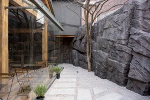A modern indoor space with a rock wall, stone walkway, glass door, and potted plants, featuring a minimalist atmosphere and natural elements