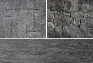 Image of a stone wall with different textures and patterns, showcasing its cement block and rustic appearances, and intricate details