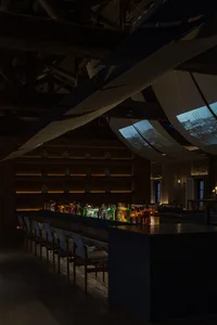 A well-stocked bar with a long wooden counter, multiple chairs, and a social atmosphere