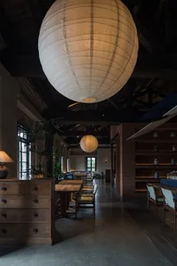 Dining area with wooden ceiling and walls, tables, chairs, potted plants, and dim lighting