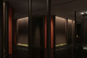 A dimly lit hallway with two tall pillars, potted plants, and vases, creating a mysterious atmosphere
