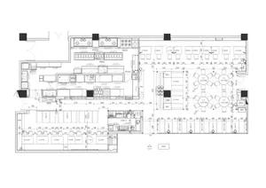 2D floor plan of a modern restaurant with open and enclosed spaces, clean lines, and minimalistic elements, featuring white materials and natural light