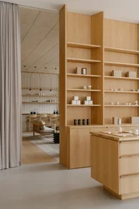 A warm and inviting interior design showroom with wooden floors and walls, featuring chairs, a dining table, and decorative vases, with a focus on creating a comfortable and stylish living environment