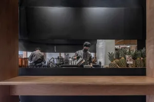 繁忙廚房場景，有兩人忙碌工作、盆栽及流理台上各式物品