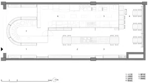 2D floor plan of a commercial space with various rooms, including a kitchen, dining area, and bar, featuring wood and metal materials