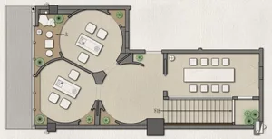 Large open space with multiple dining tables and chairs, modern interior design with clear layout and arrangement