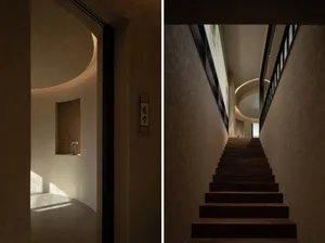 Two views of a stairwell with wooden stairs, showcasing depth and complexity within the structure