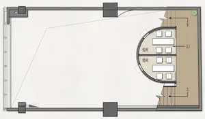 2D floor plan of a modern restaurant with multiple dining tables and chairs, showcasing a functional and inviting layout