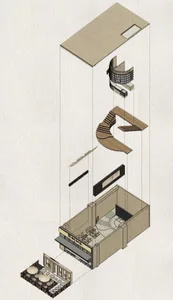 Black and white architectural drawing of a modern office space with functional zones, clean lines, and simple shapes, featuring a staircase, dining table, and chair