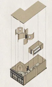 A modern home with a living area featuring a couch and chairs, dining tables, and a kitchen with a refrigerator, surrounded by wood walls and carpeted floors