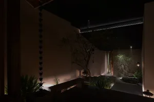 Cozy indoor space with a stone wall, a tree, and potted plants, dimly lit for a warm ambiance