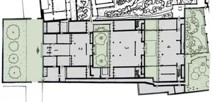 Architectural drawing of a modern open-plan living space with multiple rooms, walls, doors, windows, furniture, and people