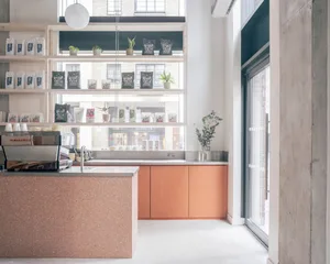 A warm and inviting coffee shop with a wooden counter, potted plants, and various items on display