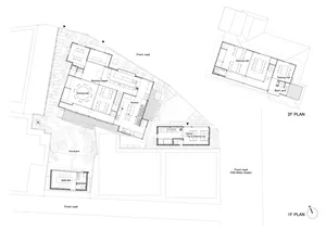 Architectural drawing of a modern house with various rooms and connections, featuring doorways, windows, and other structural elements