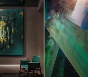 A painting of a green background with a chair in front of it, and a photograph of an empty room with a chair near the center