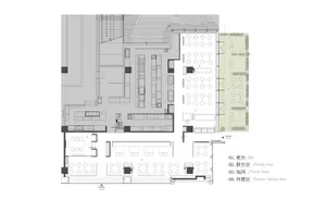 2D floor plan of a modern building with multiple rooms, tables, and chairs, showcasing a functional and organized space