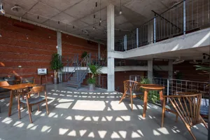 Open modern living area with a dining table, chairs, potted plants, and a vase, creating a stylish and inviting atmosphere